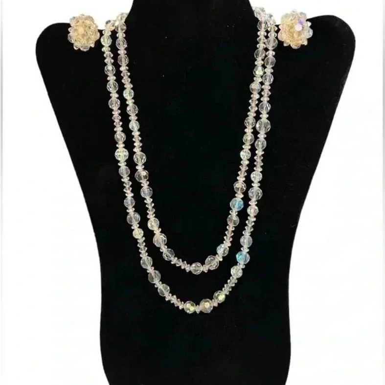 Vintage Signed Lisner Aurora Borealis Crystal Necklace And Clip-On Earrings Set